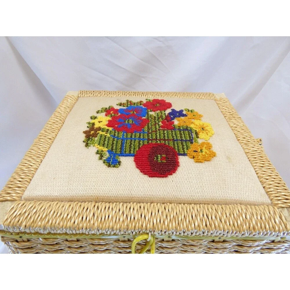 VTg  Embroidery Floral Top Sewing Basket with Insert JCPenney Yellow